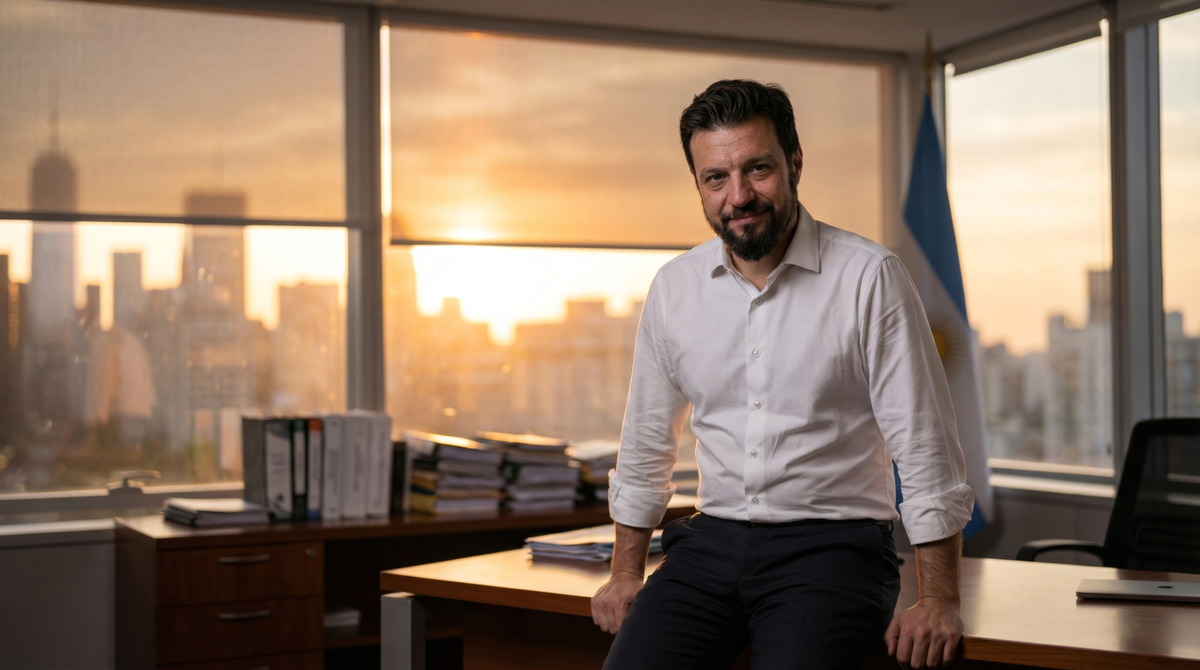 Eric Salomone Strunz en su despacho con vista de Buenos Aires al atardecer y bandera argentina — el funcionario que articula redes institucionales en ENARGAS y la administración pública