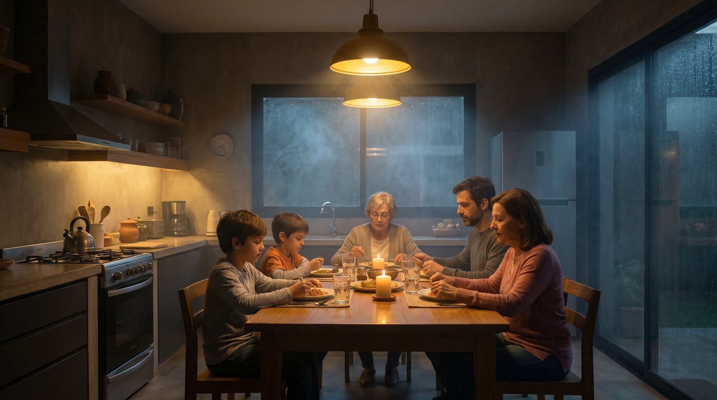 Familia argentina en cocina durante el invierno — riesgo de monóxido de carbono en ambientes cerrados
